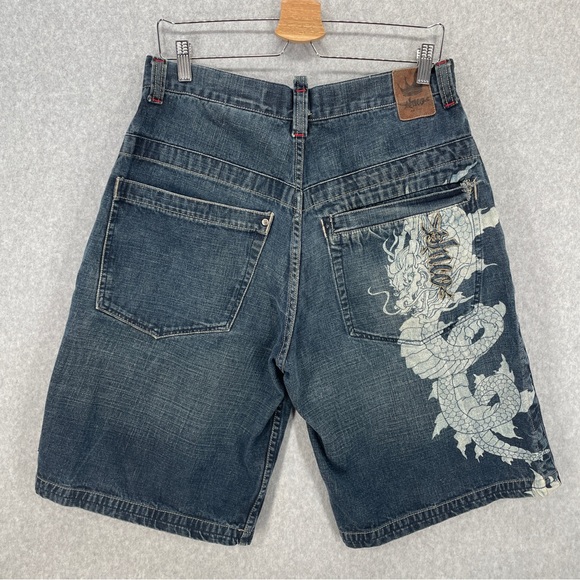 Vintage Jnco Jean Shorts 90s Skater Rare Dragon Design Baggy Fit Size 34 Blue - Picture 10 of 16
